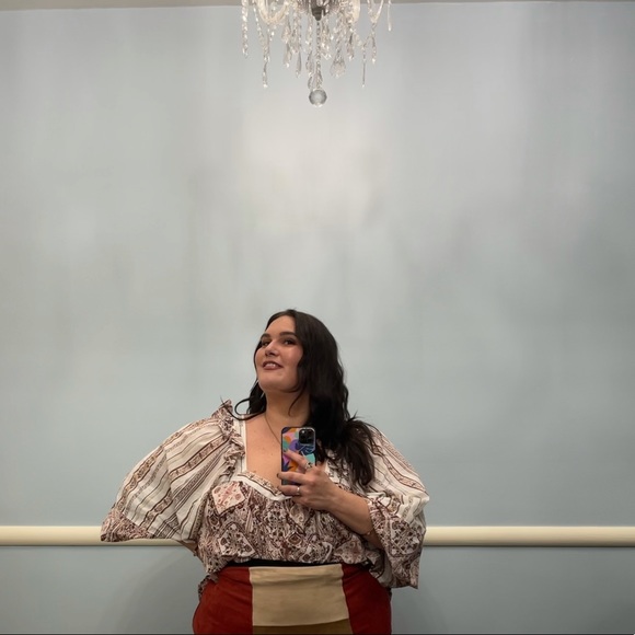 Plus Size Ruched Puff Ruffle Sleeve Boho Floral Paisley Blouse Top - Picture 6 of 10